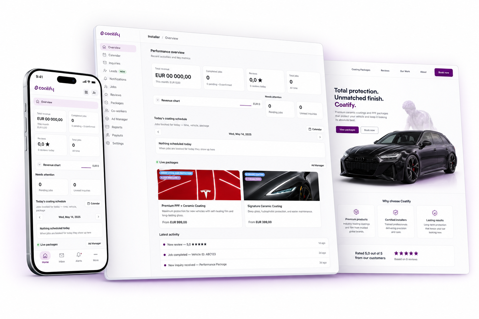Coatify shown across its desktop CRM, mobile operations app, and customer-facing ceramic coating website